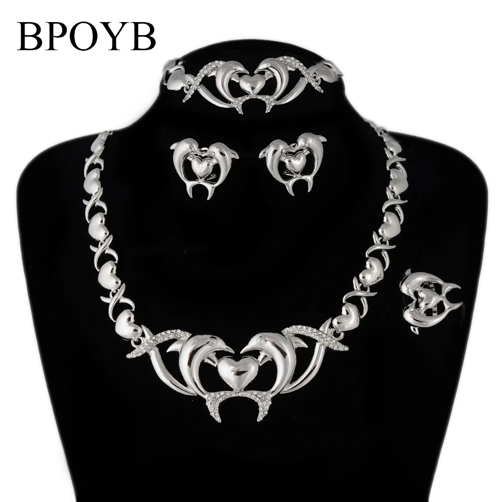 

BPOYB Hot Charm Brazilian Silver Jewelery Set Lovely Xoxo Heart Dolphin Jewelry Dubai African In Fashion Wholesale