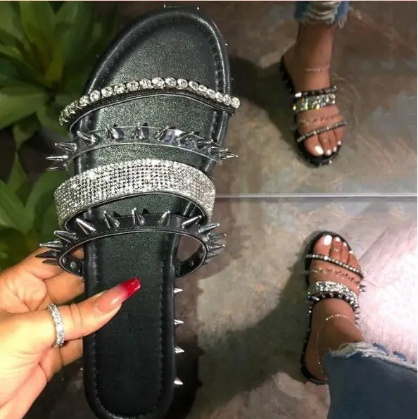 

Superstarer luxury flat black rivet sandals summer beach womens sparkly sandals lady slide shoes, Black/khaki