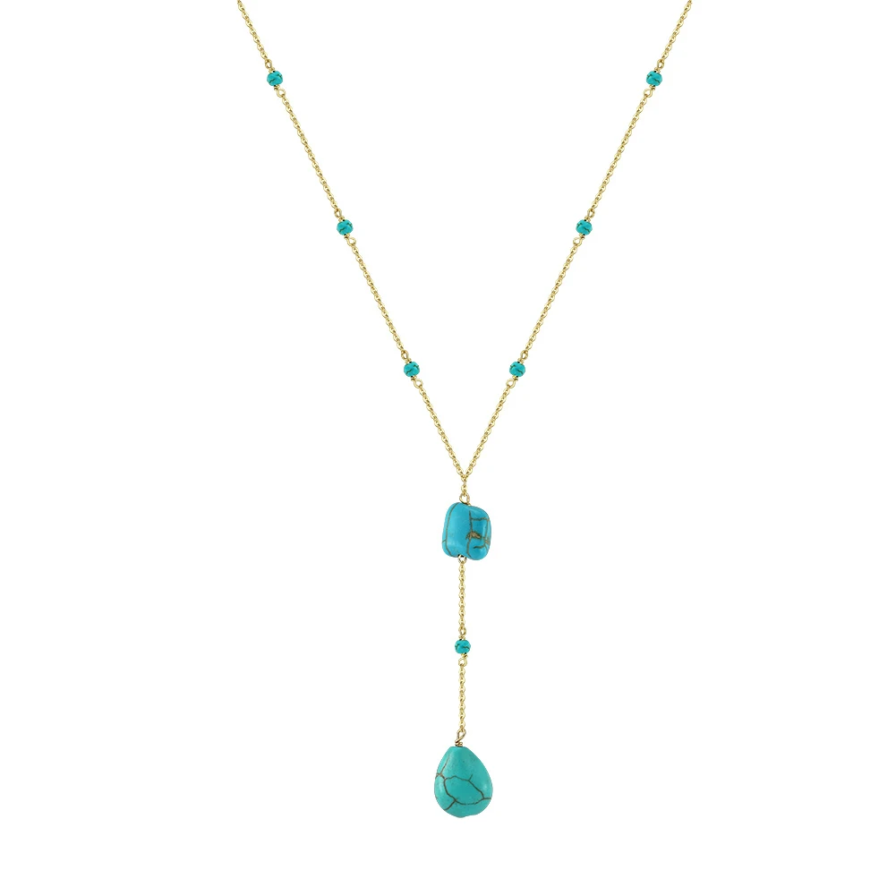GMN50 RINNTIN Y Shaped Turquoise Long Tassel Necklace 14k Gold Plated Sterling Silver Jewelry