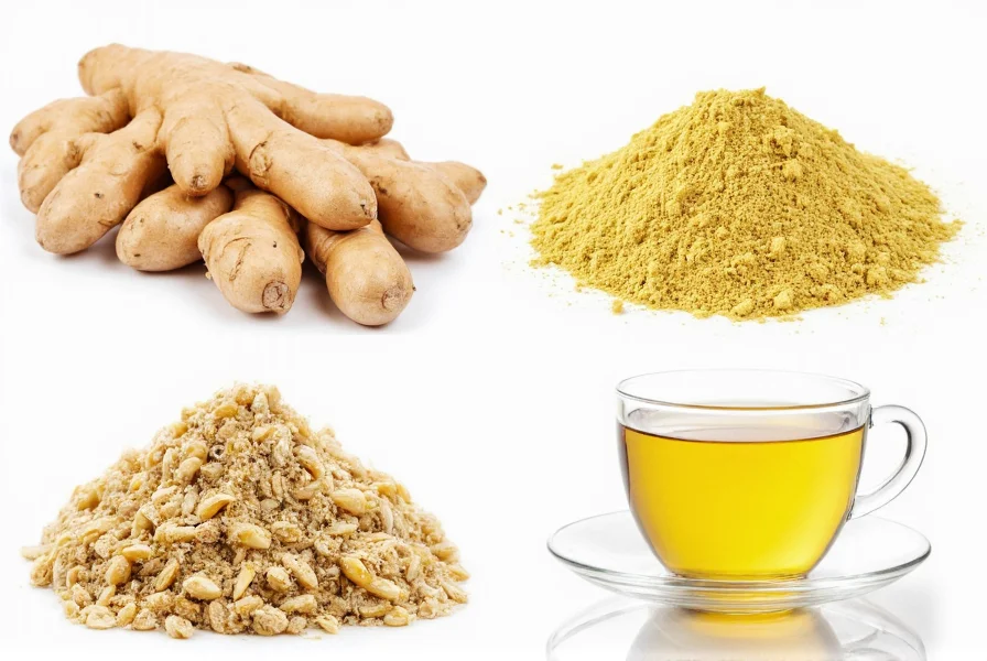 Various forms of ginger preparations including fresh root, dried powder, and tea