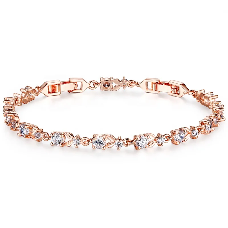 925 Silver Rose Gold  Chain Link Bracelet bangles for Women Ladies Shining Cubic Crystal Jewelry