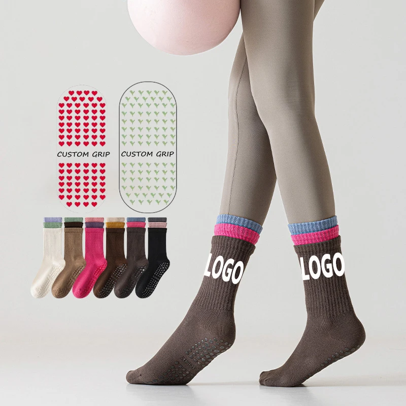 Trendy Color Blocking 3 Layers Knitted Floor Yoga Socks Custom Cotton Terry Gel Grip Pilates Socks Customizable