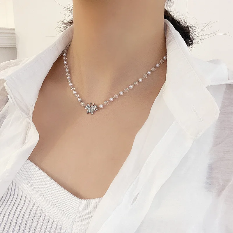 

2021 pearl butterfly clavicle necklace female light luxury niche design sense ins cold wind pendant necklace