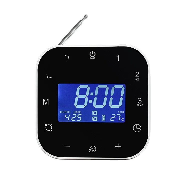 

Calendar and week display fm alarm clock radio with metal antenna, Black
