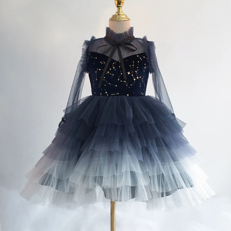 

long sleeve Princess Layers navy blue Tulle Flower Girls Birthday Party Dresses