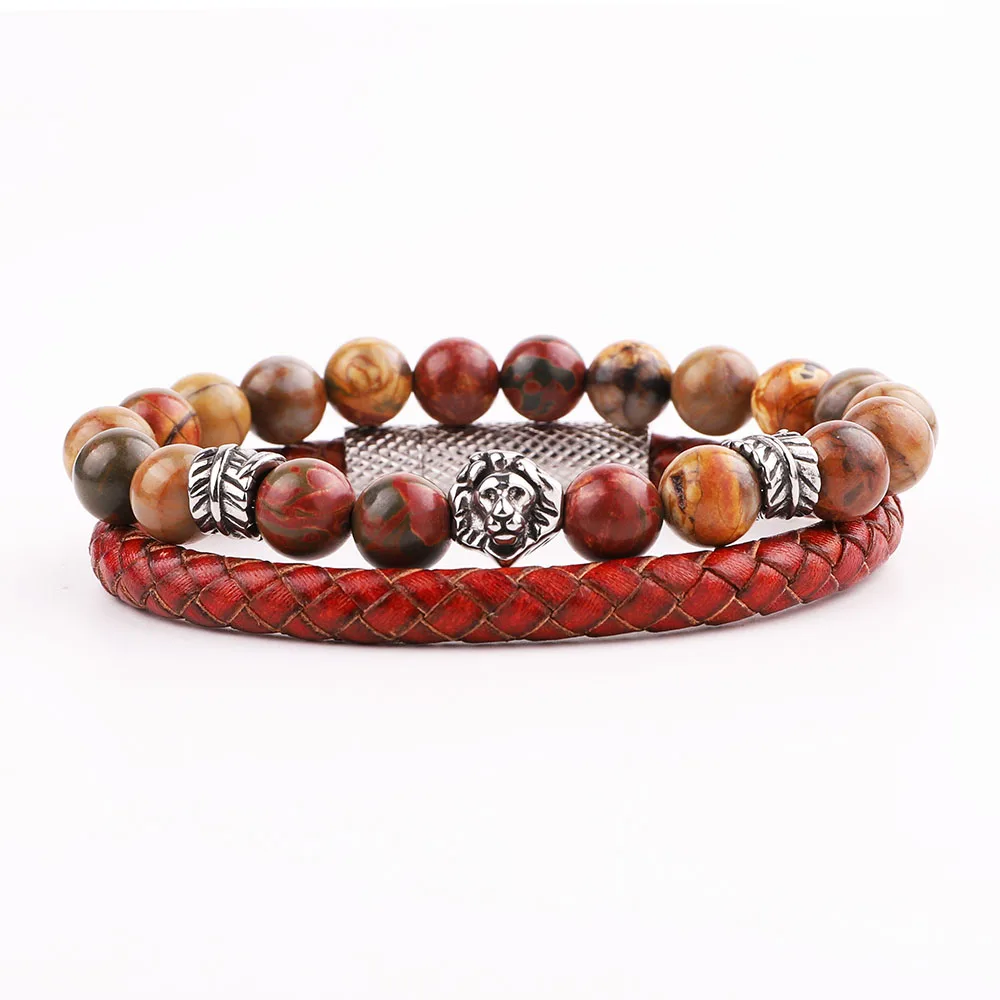 

New Design Men Bracelet Bangle Set Natural Stone Stainless Steel Lion Leaf Feather Charm Genuine Leather Bracelet