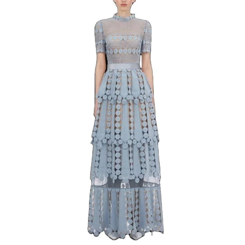 

European beauty slim lace hollow dress autumn and winter new water-soluble lace high waist layer cake dress