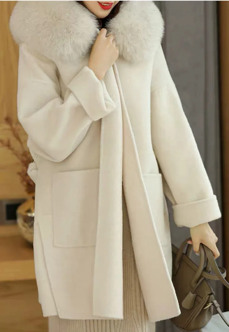 Cx-g-t-21d Hooded Overcoat For Woman Real Fox Fur Jackets Wool 