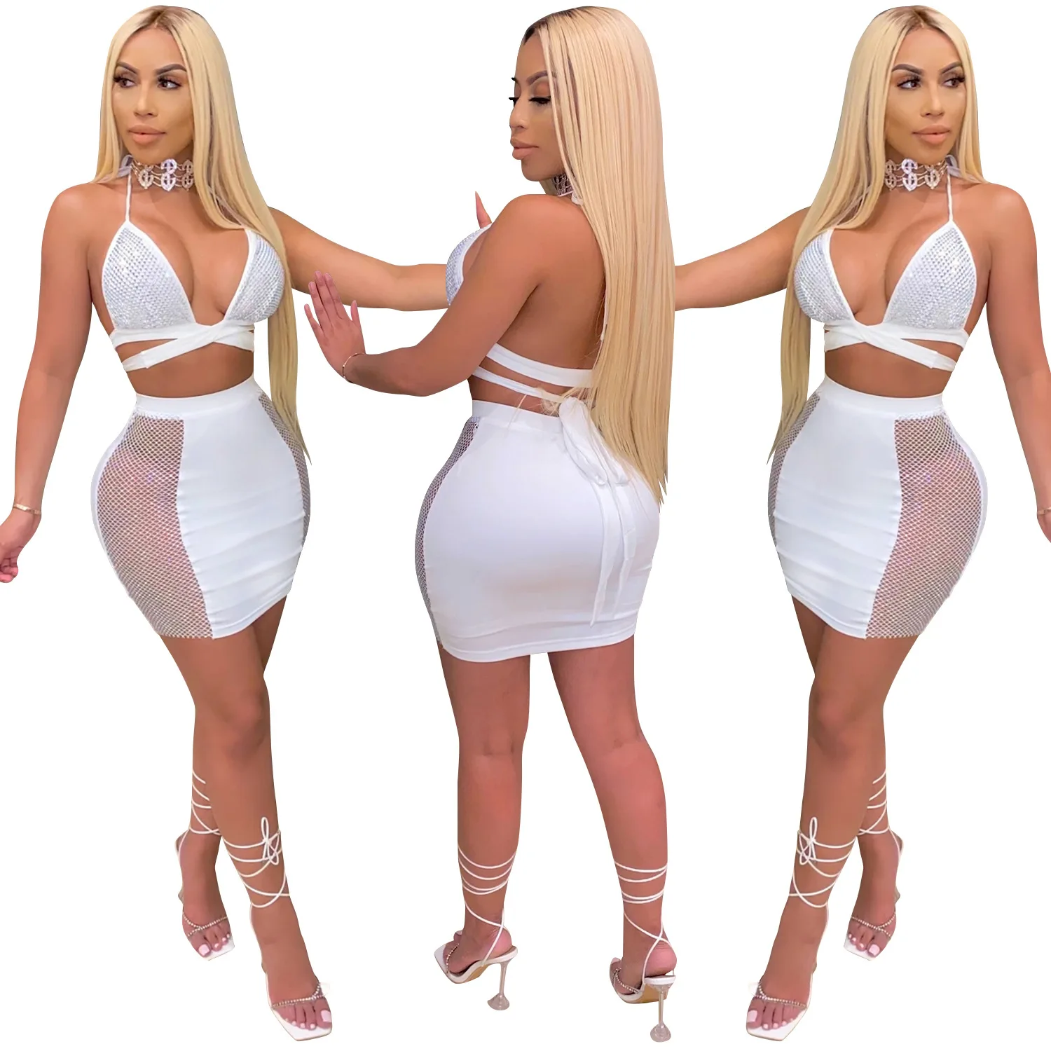 

Club Dress Diamond Cross Strap Mini Dress Women Two Piece Set, Picture