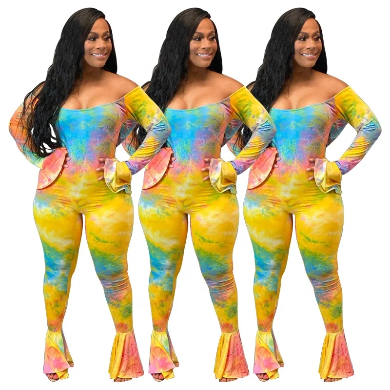 

Newest fall off shoulder outfits for women flare hem pants lady wear sexy tie dye jumpsuits