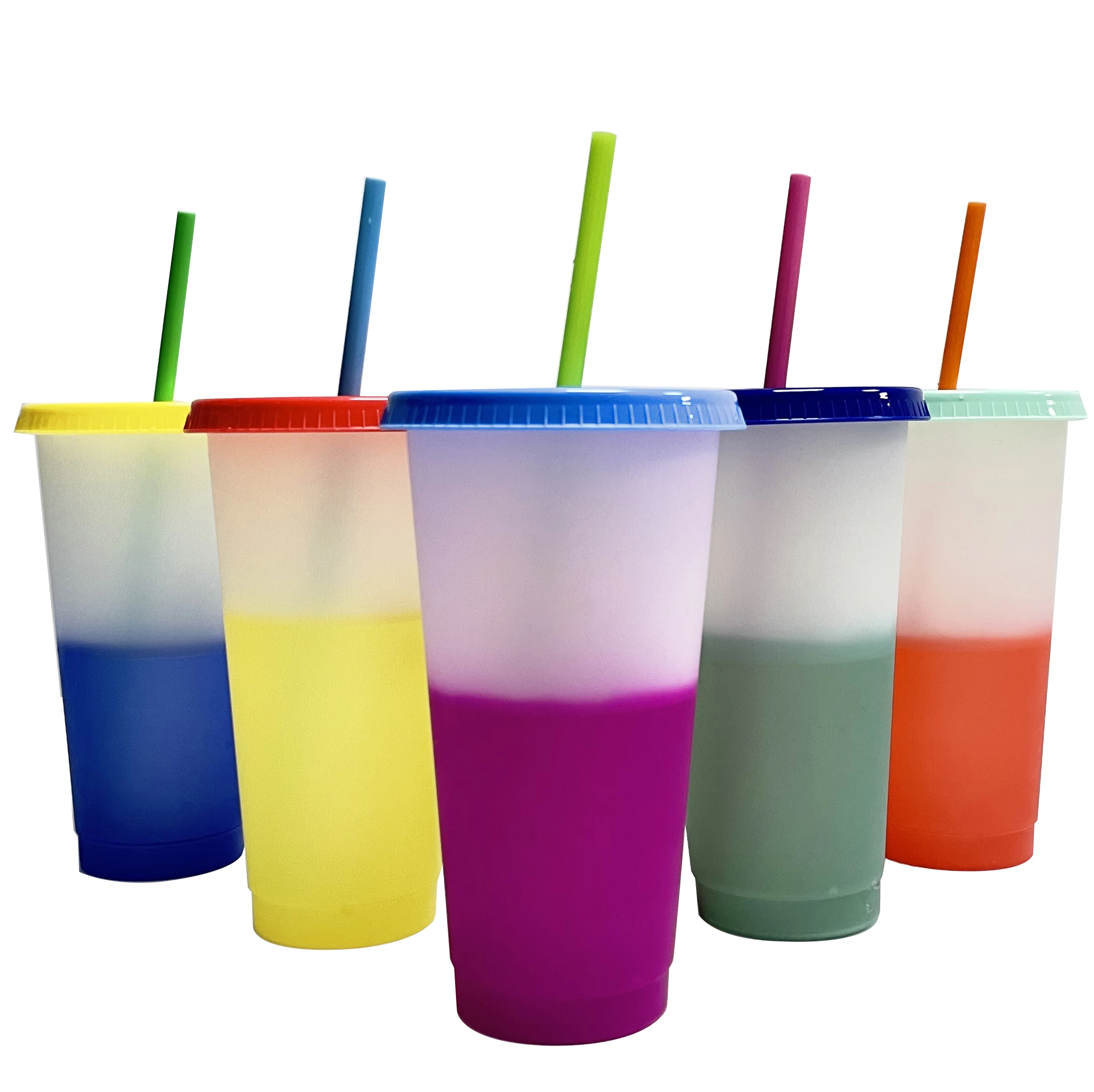 

24oz 700ml whosale resuable tumblers pastel clear cold color changing plastic cups with lids and straws sets, Pastel/ translucent