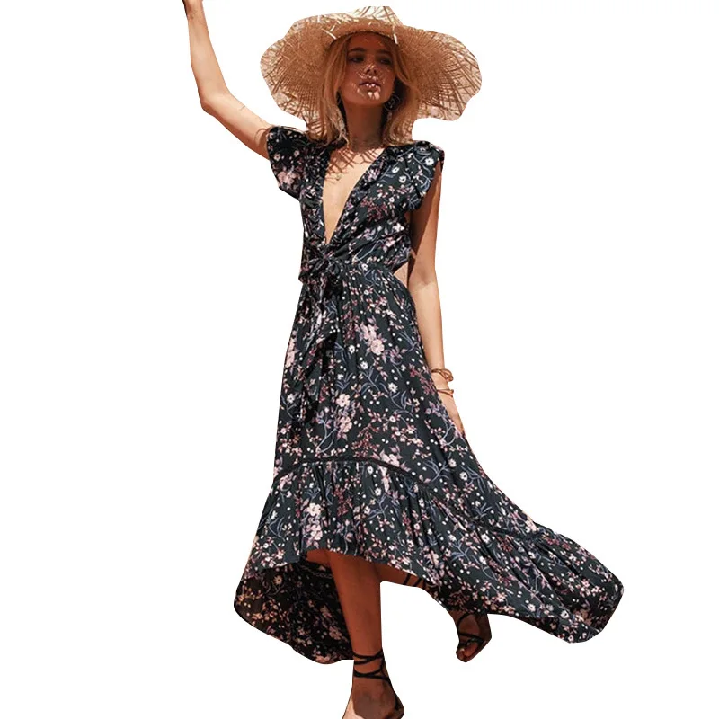 

2021 New Summer Women Floral Print Vestido De Dama Ladies Dresses Casual Deep V Neck Cut-Out Ruffle Short Sleeve Long Boho Dress, Black