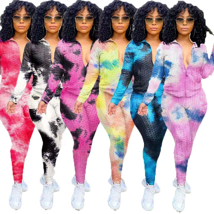 

Stand Up Collar Zipper Sweater Two Piece Bubble Yoga Pants Tie Dye Sets