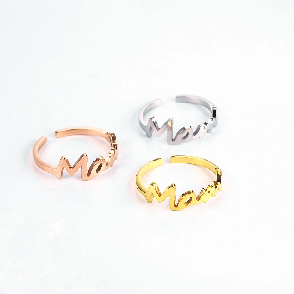 

2021 Wholesale Fahion Mother Day Gifts 2021 Stainless Steel Women Alphabet Gold Cuff Ring Jewelry, Picture shows