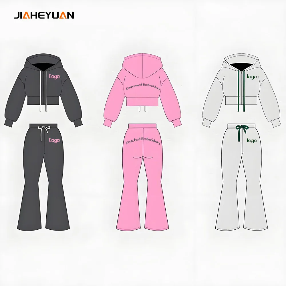 Cropped Zip up Hoodies and Flared Pants Set Custom Sweatsuits Vintage Jogger Set Streetwear 2 Piece Set Women Tracksuits