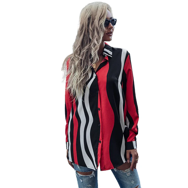 

2021 Ladies Latest Blouse Design Long Sleeve Fashionable Top Colorful Striped Shirt For Women