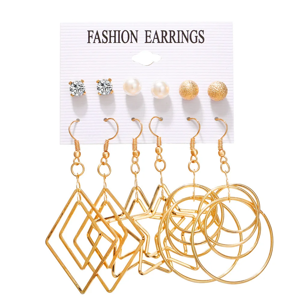 

New Arrive Simple Zircon Pearl Ball Stud Women Ladies Gold Geometric Pendant Round Big Loop Star Hoop Earring Set For Girls, Color plated as shown