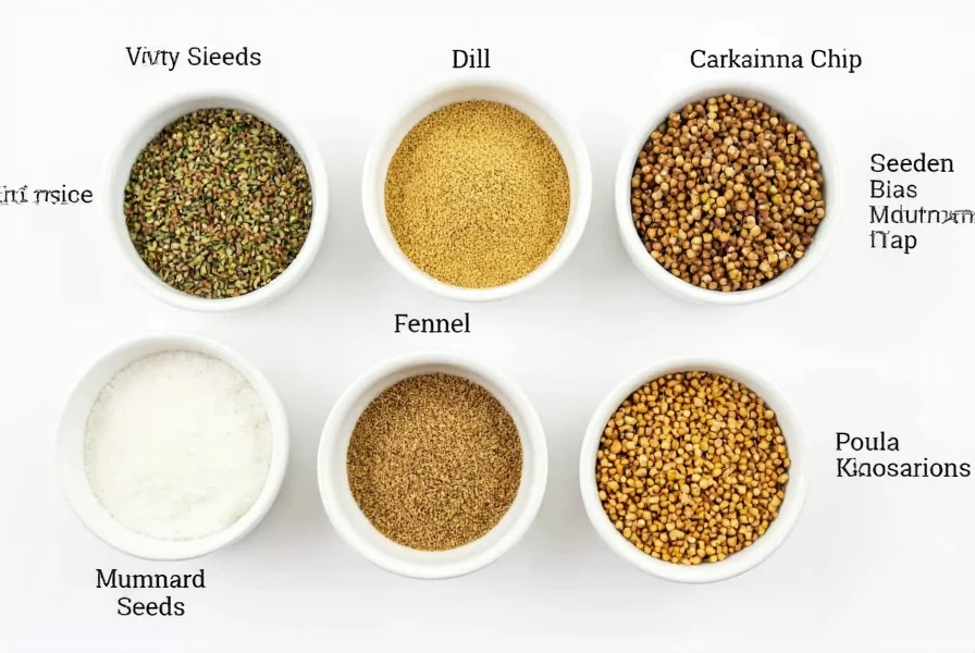 Various spices including celery seeds, dill, fennel, and mustard seeds arranged in small bowls for cooking substitution reference