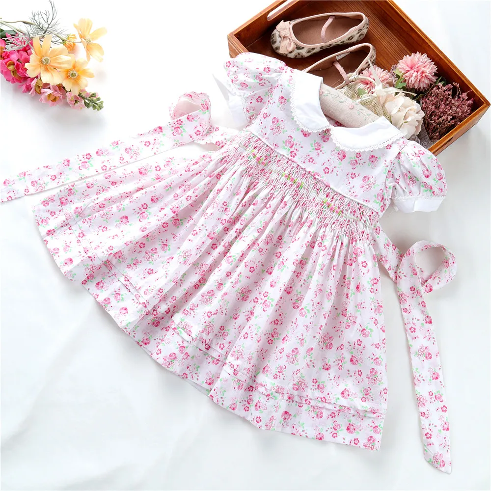 

B38543 summer white dress smocked dresses for girls clothing solid fashion boutiques kids clothes children outfit wholesale