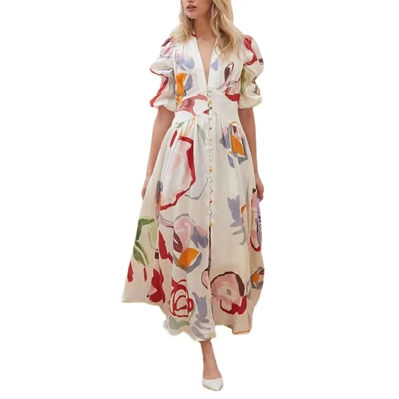 

ST017 Amazon women's dress in Europe and the United States new slim large chiffon print long dress beach dress