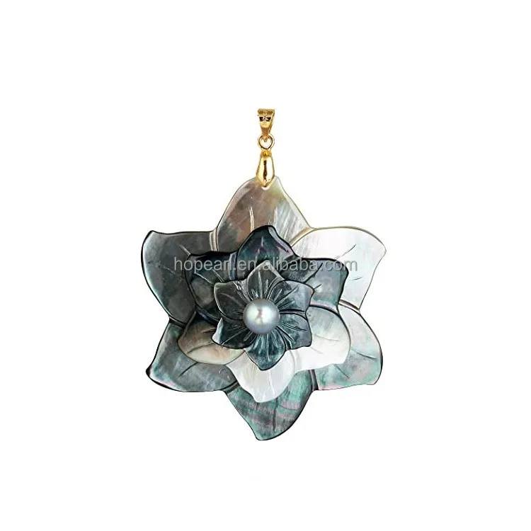 

MOP71 Nature Black Shell Stackable Petals Floral Pendants with a Real Black Pearl