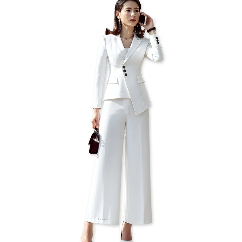 

Lenshin 2 Pieces Set Formal Pant Suit with Pocket Women Work Wear Office Lady Uniform Style Business Jacket with Loose Pants, Black, white