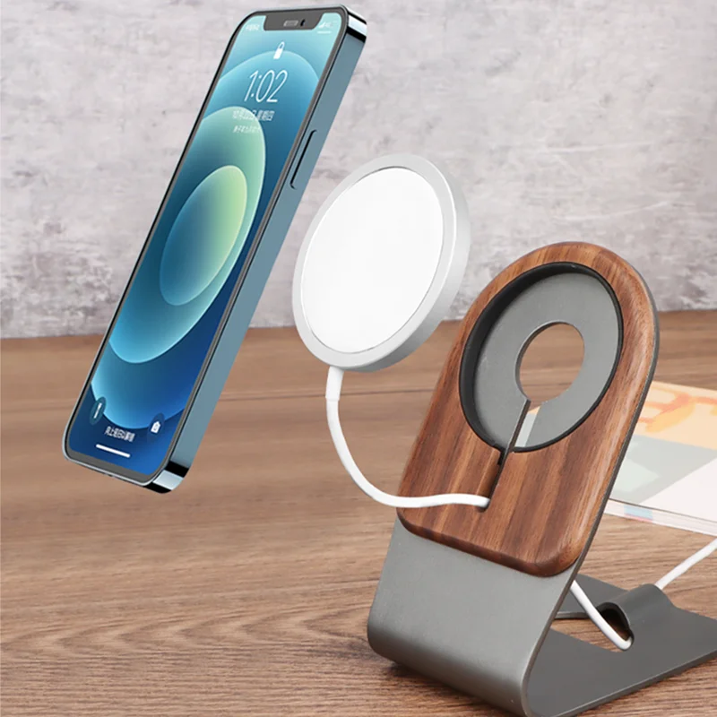 

Free Custom Logo Tarzan Import Natural Wood Table Cell Phone Holder Stand Desk Mobile Phone Holder For Magsafe Charging, Silver/white