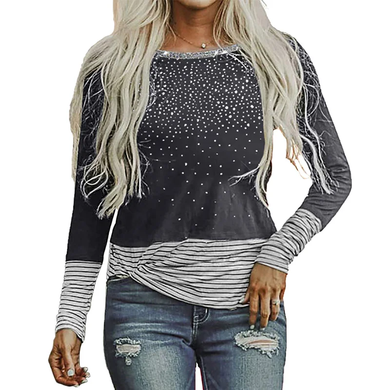 

New Ladies Rhinestone Sweatshirts Crew Neck Casual Striped Long Sleeve Woman Tops Fashionable