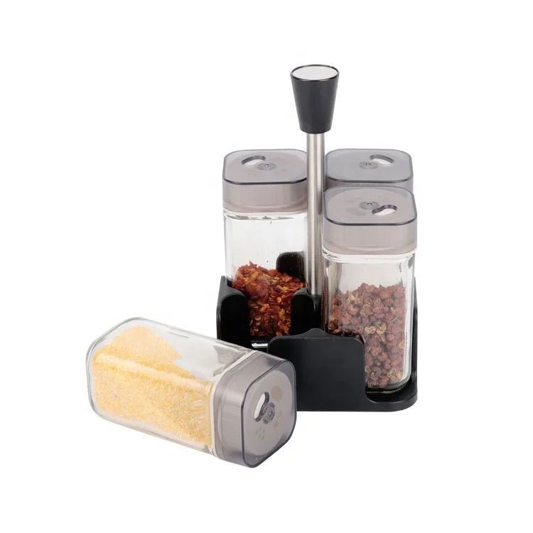 

Home Kitchen Seasoning Pepper Spices Glass Jars Bottles Plastic Lid Storage Containers 4 pcs with Rack