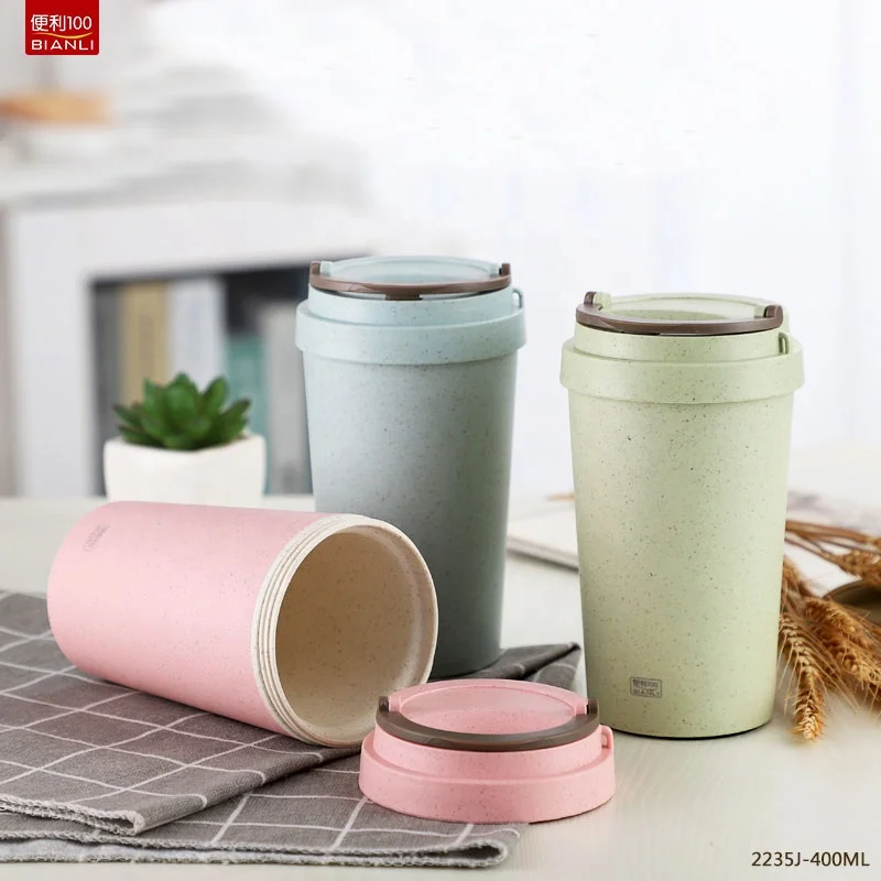 New Color 2019 Eco-Friendly Wheat Straw Rice Husk Fiber Plastic 400ml Reusable Double Wall Coffee Cup Travelling Mug 2235J