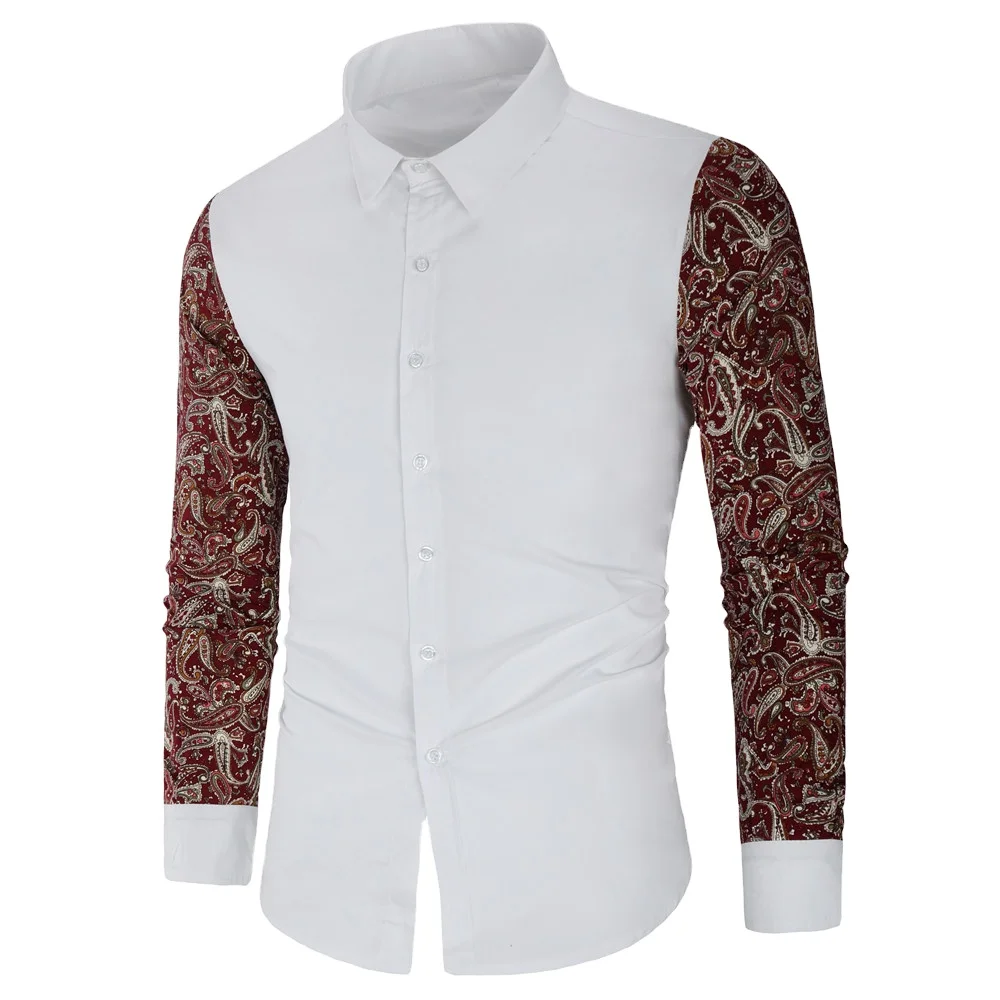 

New stitching multi - color men's shirts pure cotton fashion folk print long-sleeved shirt
