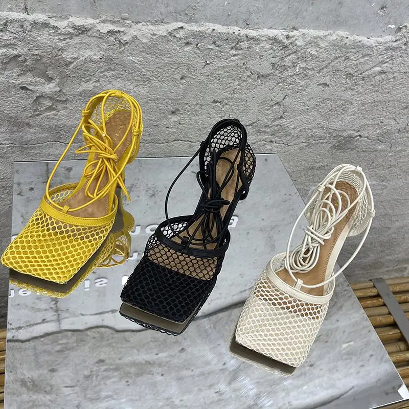 

101792 DEleventh woman shoes European and American Fashion Sandals Mesh Gauze breathable square head lace-up high heels for wome