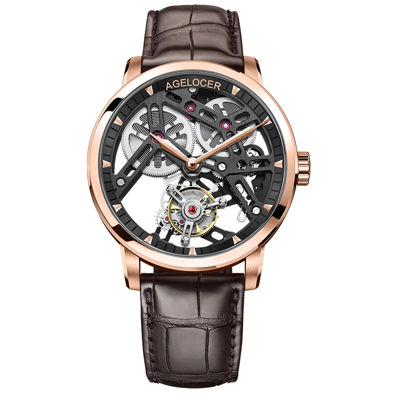 

AGELOCER Brand Tourbillon Watch Men Power Reserve 80 Top Brand Luxury Skeleton Sapphire Leather Strap Watch