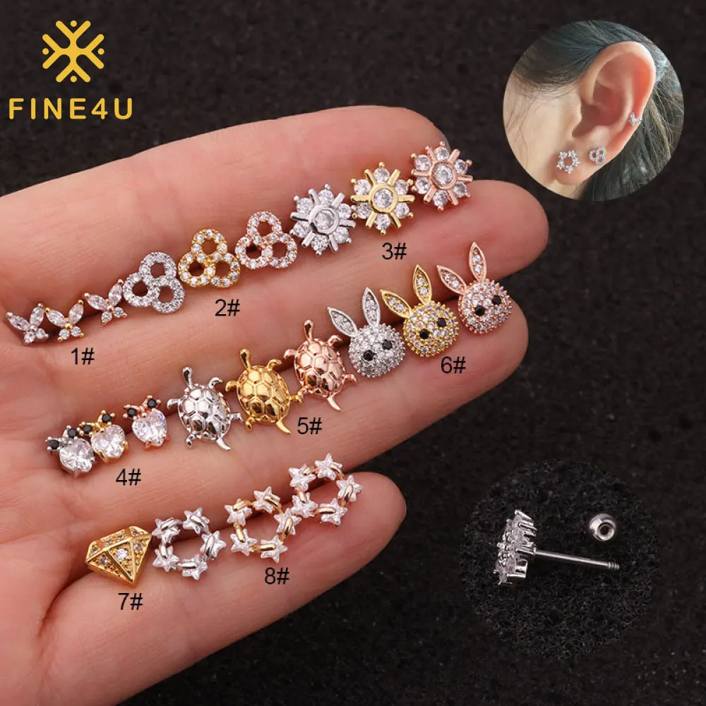 

Stainless Steel Gold Plated Cute Jewelry Diamond Cubic Zirconia Animal Cartilage Piercing Earrings Studs