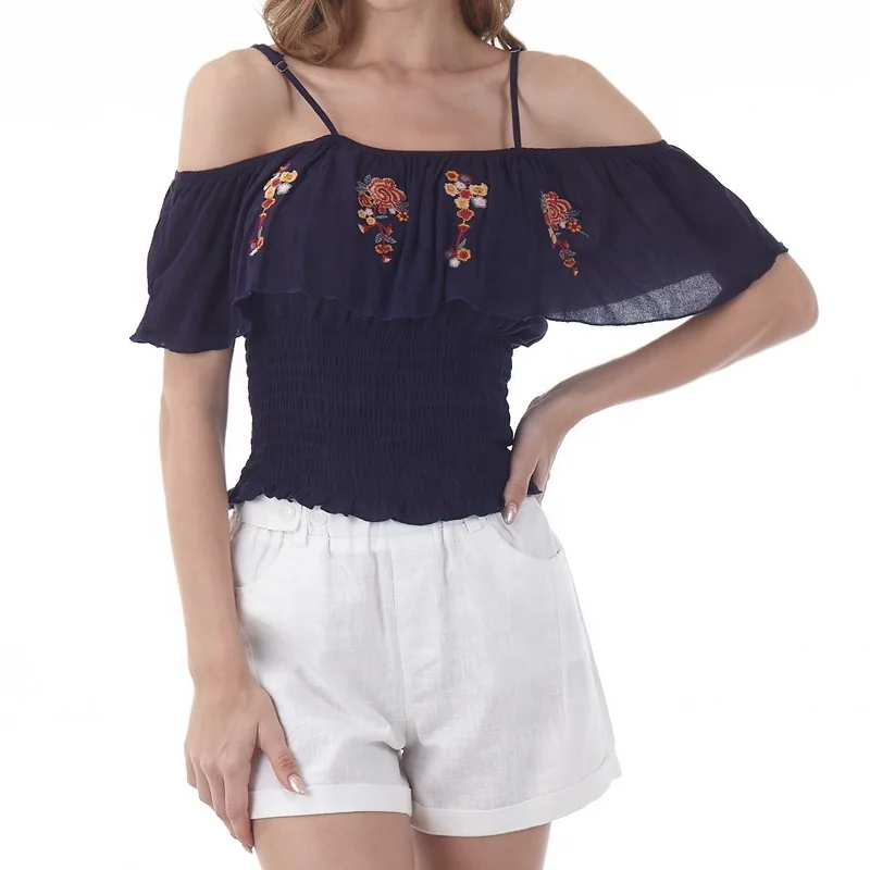 

Cute sexy top 2021solid summer short sleeve woman casual embroidery strap blouse for lady