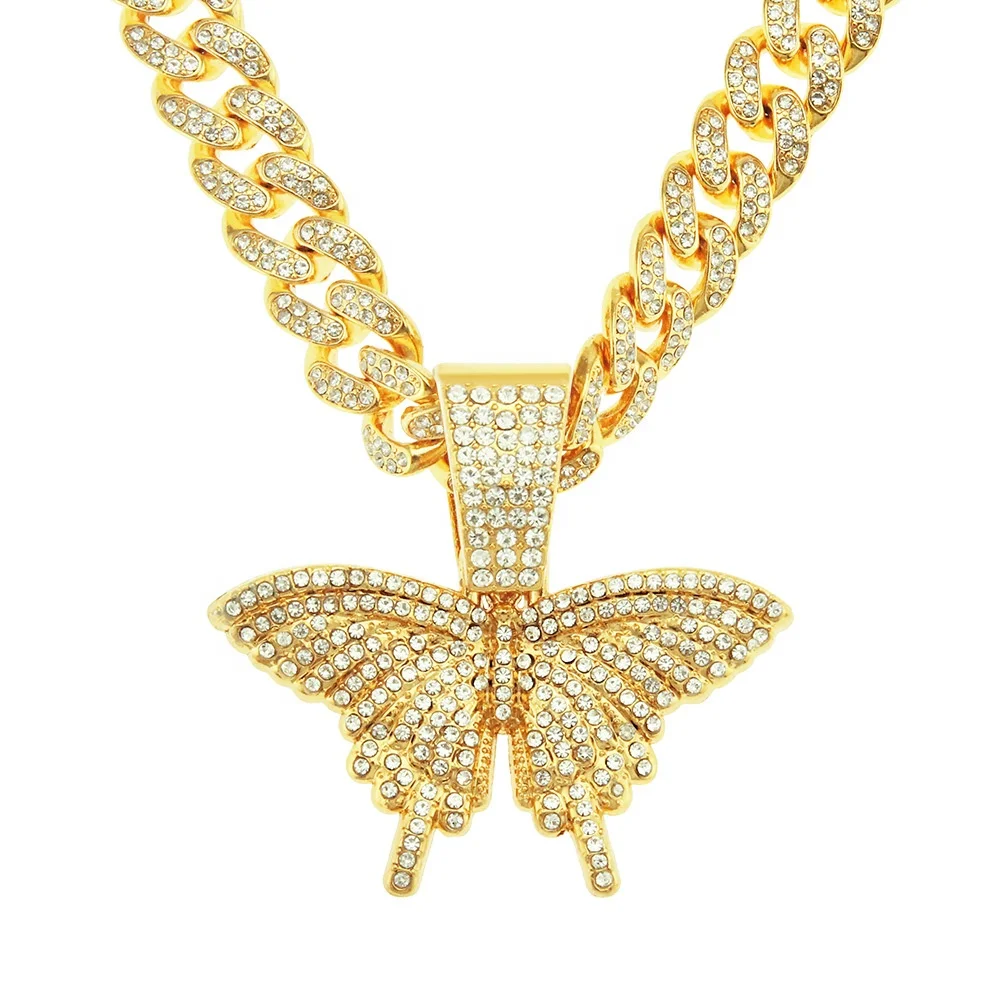 Iced Out 13MM Cuban Link Chain With Alloy And Rhinestones Hip Hop Butterfly Pendant Chokers Necklace