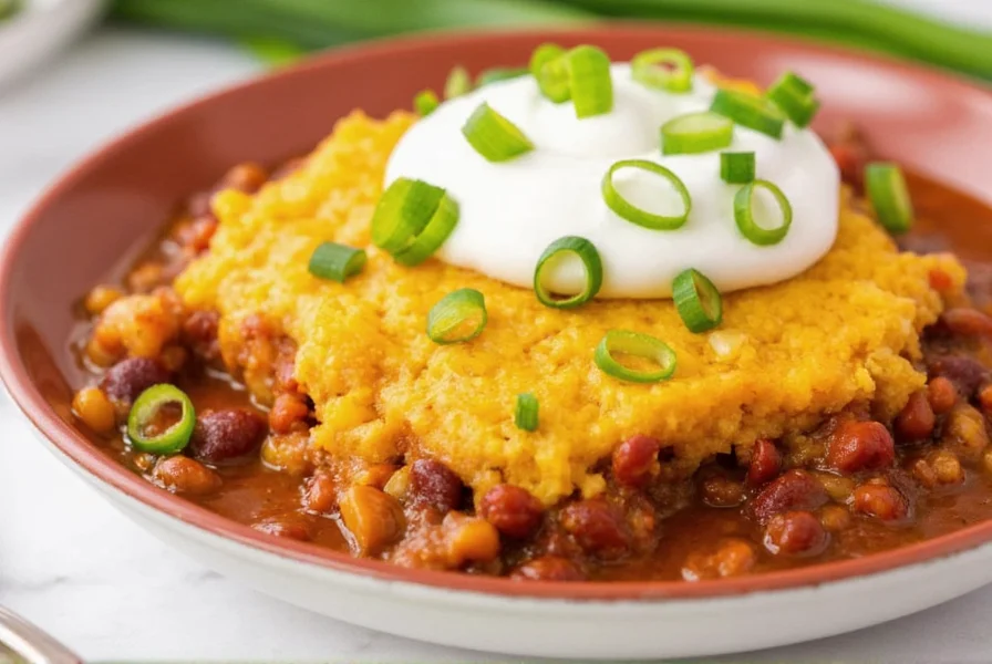 Finished cornbread chili casserole with golden topping, served with sour cream and green onions