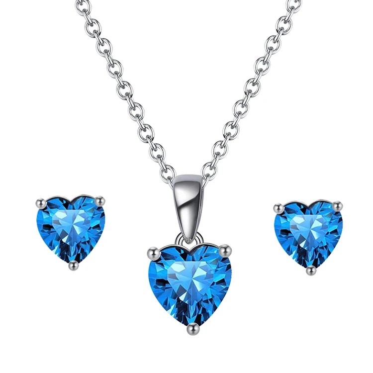 

RINNTIN SAPE-L Fashion 925 silver bridal jewelry sets wholesale heart crystal gemstone pendant necklace earrings set women 2021, Blue