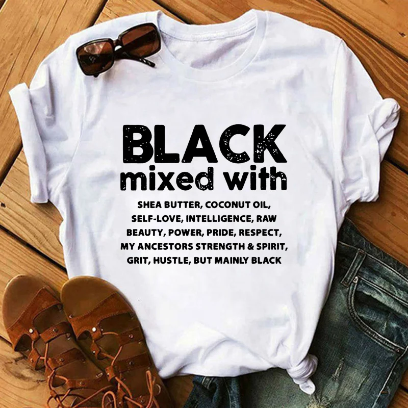 

Wholesale Summer 100% Cotton Customized Logo Melanin Black Mixed With Printed Graphic T-shirts Oversized Women T Shirt, Black white gray dark blue red