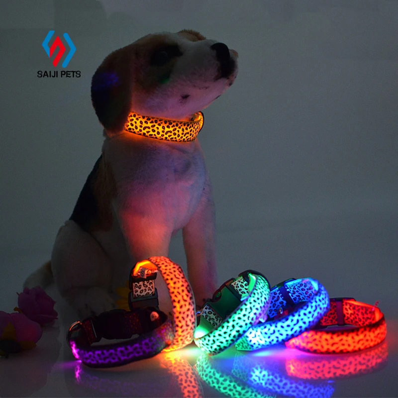 

Saiji lead the industry luminous adjustable glowing pet night safety nylon electronic leopard LED dog collar, As image, customized color