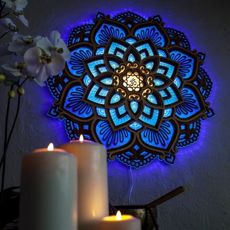 Gradient Mandala Yoga Room Night Light Creative Luminous Wall Mounted Wooden Stereoscopic Atmosphere Light Party Supplies
