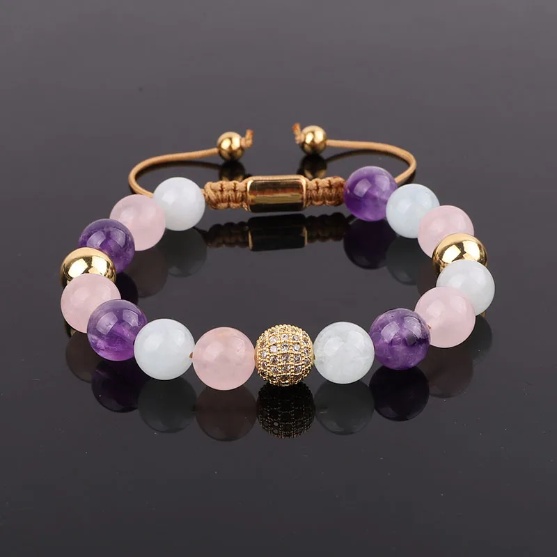 

High Quality Gemstone Jewerly Amethyst Rose Quartz Aquamarine Handmade Custom Macrame Friendship Bracelet For Women