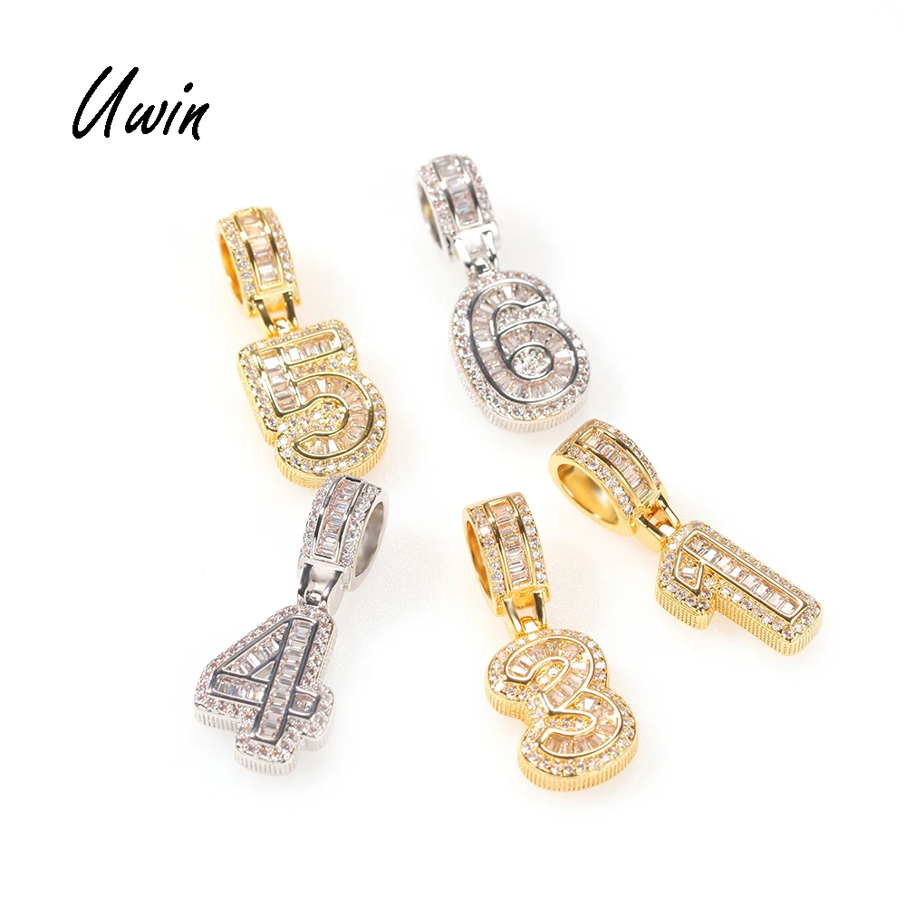 

Iced Out Baguette Number Charm Necklace Hip Hop Pendant Chain 0 1 2 3 4 5 6 7 8 9 Pendant Jewelry