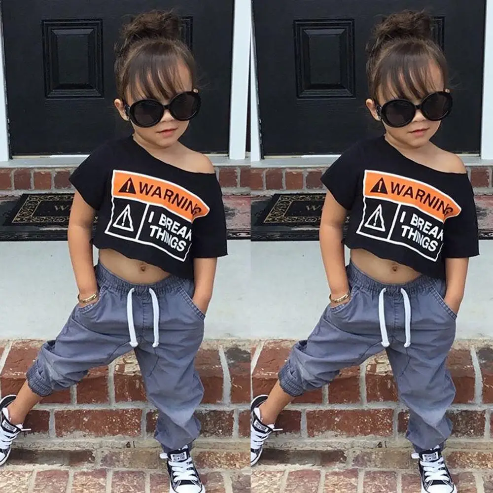 

hot sale fashion child summer Kids letter shirt+pants baby girl boutique Clothing set, Customized