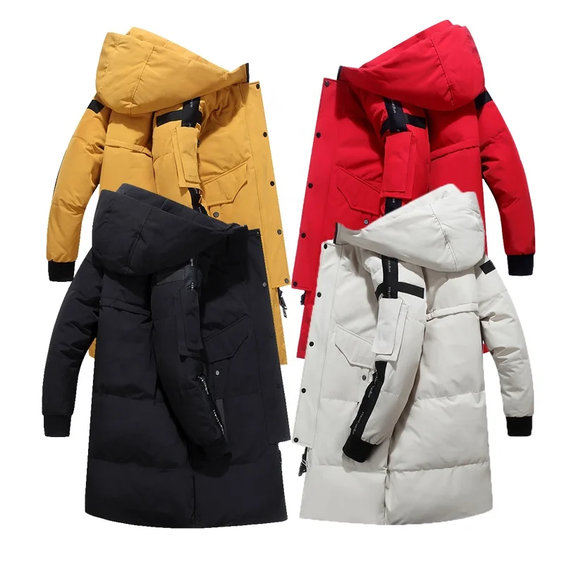 

men casual outdoor long duck down jacket warm winter coat, Black/white/red/yellow