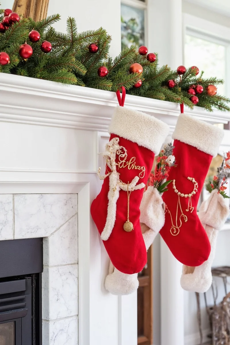 Christmas stockings hung on a leaning ladder shelf