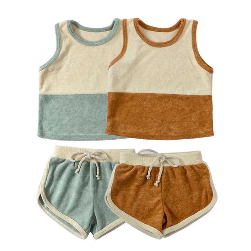

Hot Sale Terry Baby Clothes Sets Contrast Color Fashion Kids Girl Sleeveless Clothing Outfit, 2 colors or custom