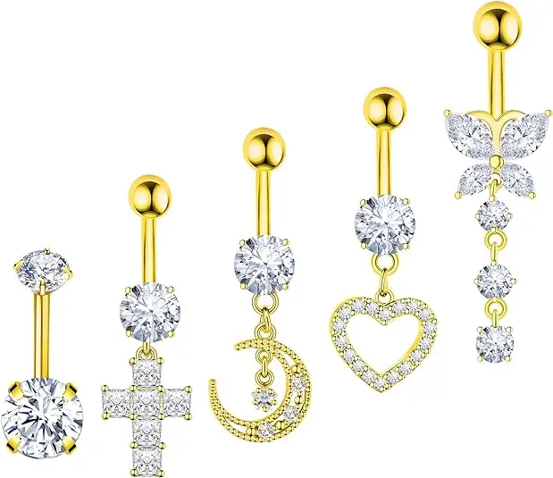 Set 5 Women's 14G Surgical Steel Belly Button Rings Gold Silver Cross Heart Star Butterfly Dangle Navel Piercing Stainless Steel