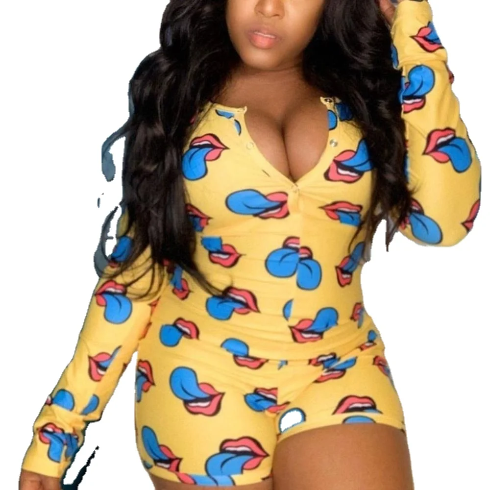 

Sexy Cute Rompers Home Shorts V Neck Print Skinny One Piece Long Sleeve Women Jumpsuit