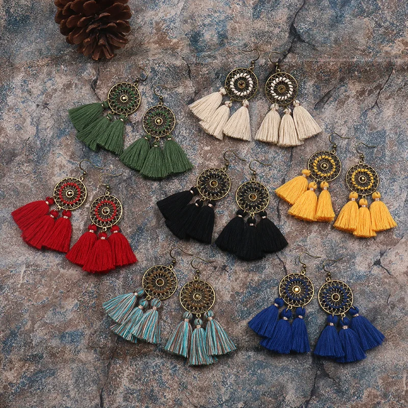 

Bohemian Wind Vintage Handmade Cord Drop Long Tassel Earrings